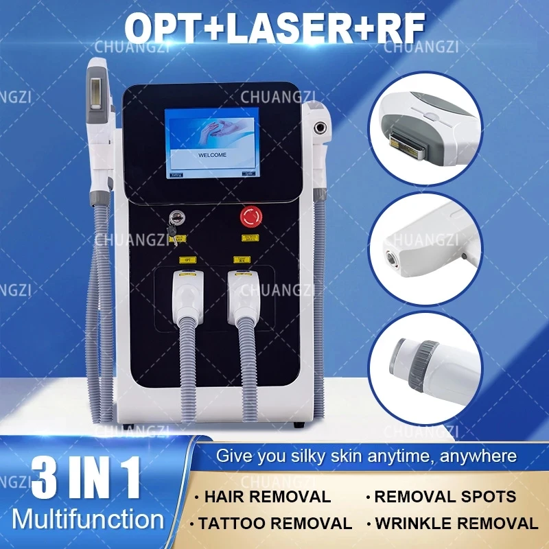 3 In1 E-luz IPL RF do Nd Yag Laser Multifuncional da Remoção da Tatuagem, Máquina de GELO Permanente da Remoção do Cabelo da Beleza Equipamento De Salão Imagem 1