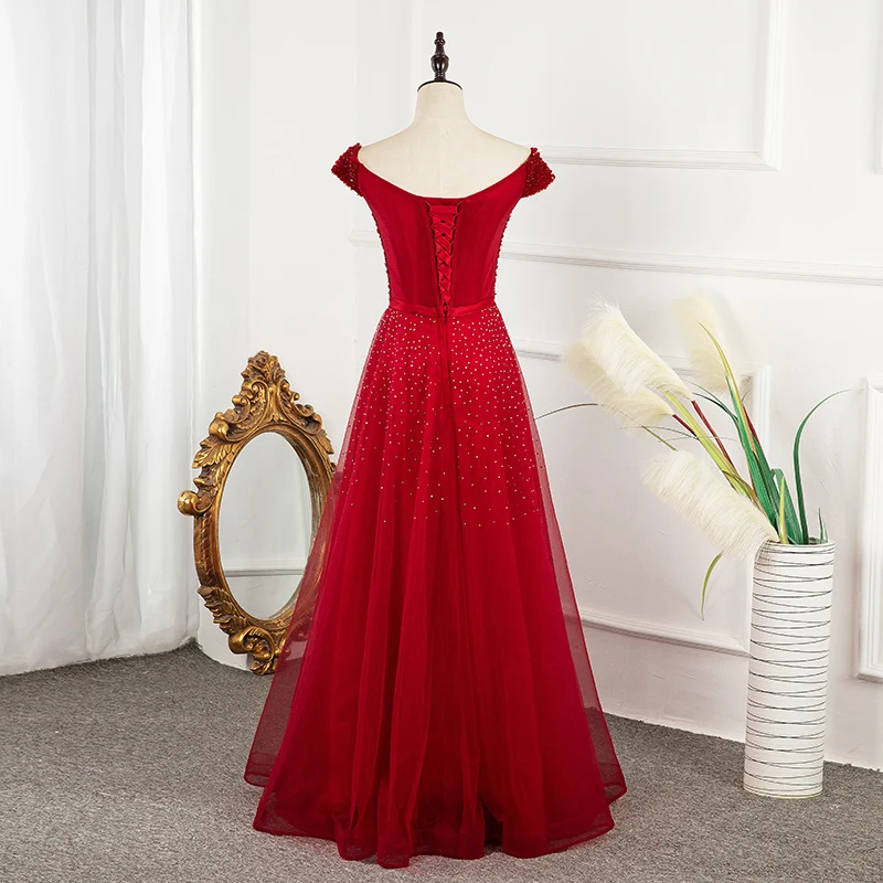 Vestido de noite 2020 Nova Moda de Vestido de Festa de Casamento Vermelho Vinho Banquete Vestidos Beading Sexy Fora do Ombro Vestido de Baile de uma Linha Imagem 1