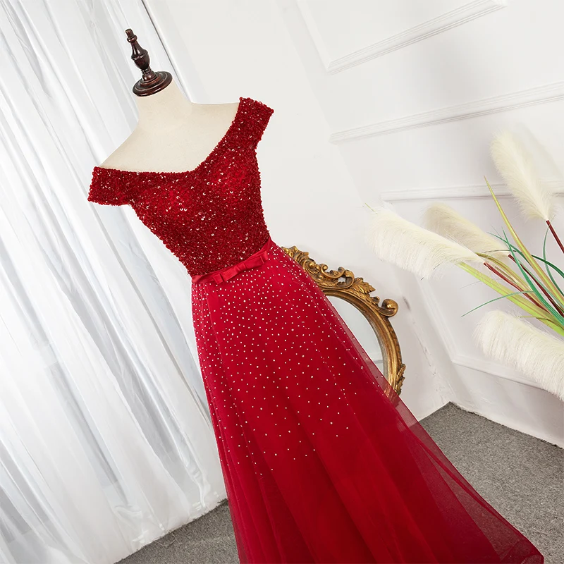 Vestido de noite 2020 Nova Moda de Vestido de Festa de Casamento Vermelho Vinho Banquete Vestidos Beading Sexy Fora do Ombro Vestido de Baile de uma Linha Imagem 3