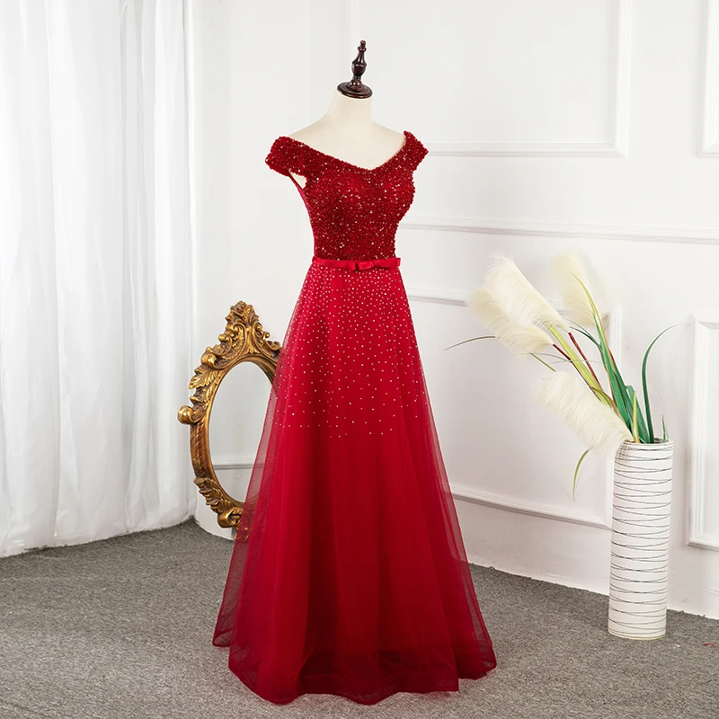 Vestido de noite 2020 Nova Moda de Vestido de Festa de Casamento Vermelho Vinho Banquete Vestidos Beading Sexy Fora do Ombro Vestido de Baile de uma Linha Imagem 4