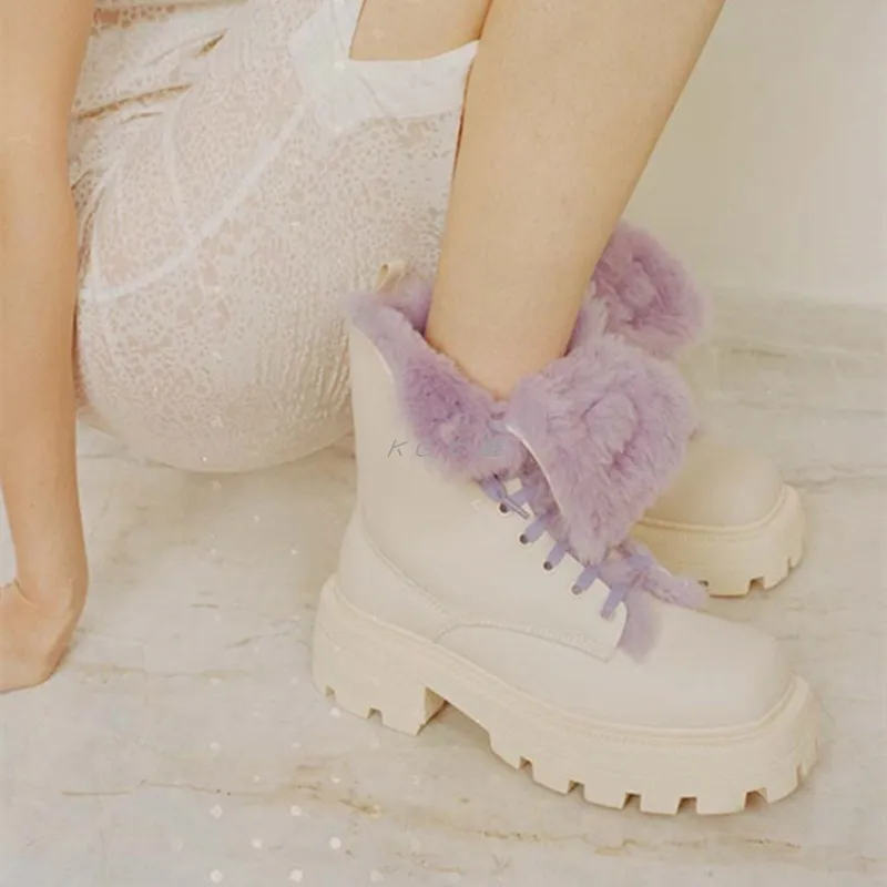 Novas Botas De Inverno Mulheres Dedo Do Pé Quadrado Curto Plush Tornozelo Botas De Mulheres De Plataforma Engrossado Botas Femininas Mulheres Sapatos Botas De Mulher 2020 Imagem 3
