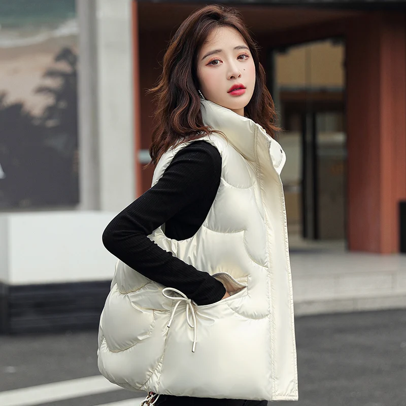 Para baixo de Algodão Veste Mulheres de 2022 Outono Nova-coreano Moda Zíper Brilhantes escamas de Peixe Colete de Cor Sólida Colete Casaco Imagem 1