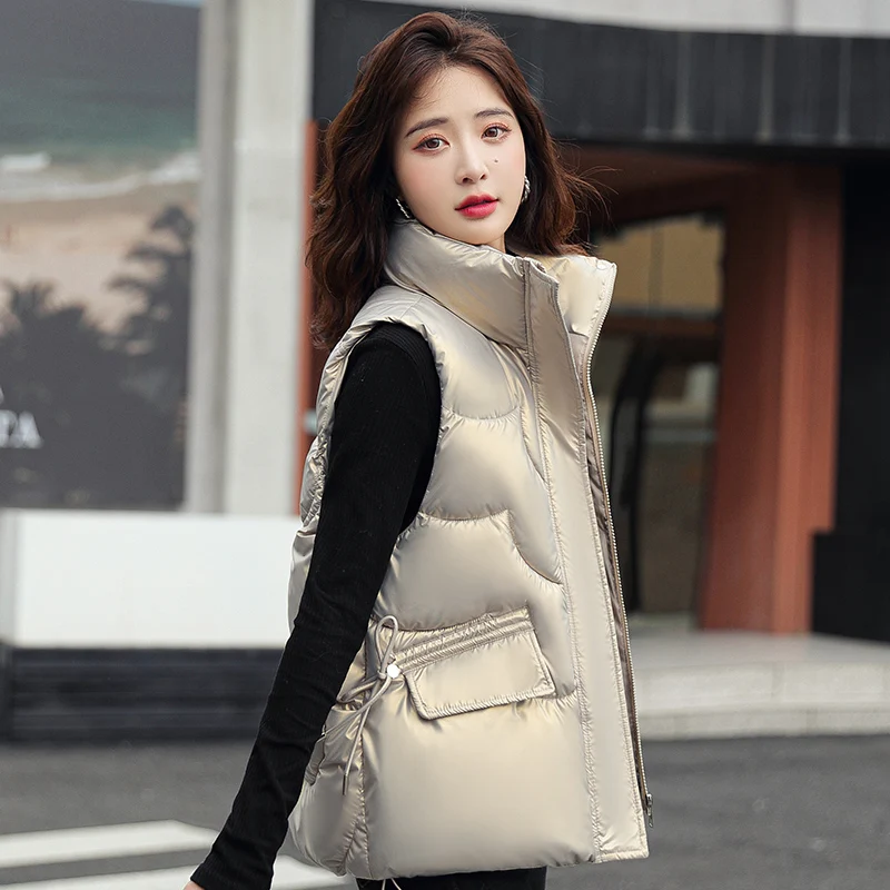 Para baixo de Algodão Veste Mulheres de 2022 Outono Nova-coreano Moda Zíper Brilhantes escamas de Peixe Colete de Cor Sólida Colete Casaco Imagem 3