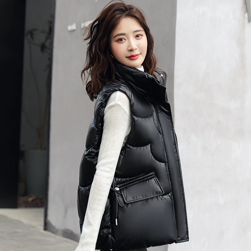 Para baixo de Algodão Veste Mulheres de 2022 Outono Nova-coreano Moda Zíper Brilhantes escamas de Peixe Colete de Cor Sólida Colete Casaco Imagem 4