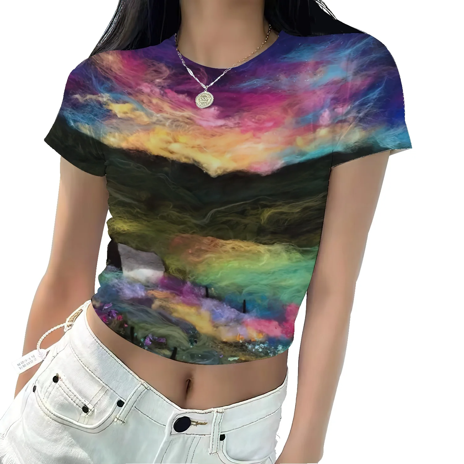 Mulheres 3D Print T-Shirt Aquarela do arco-íris Mulheres T-Shirt de Verão dente-de-Leão Camisetas O-de Algodão com Decote Tops Plus Size Imagem 1