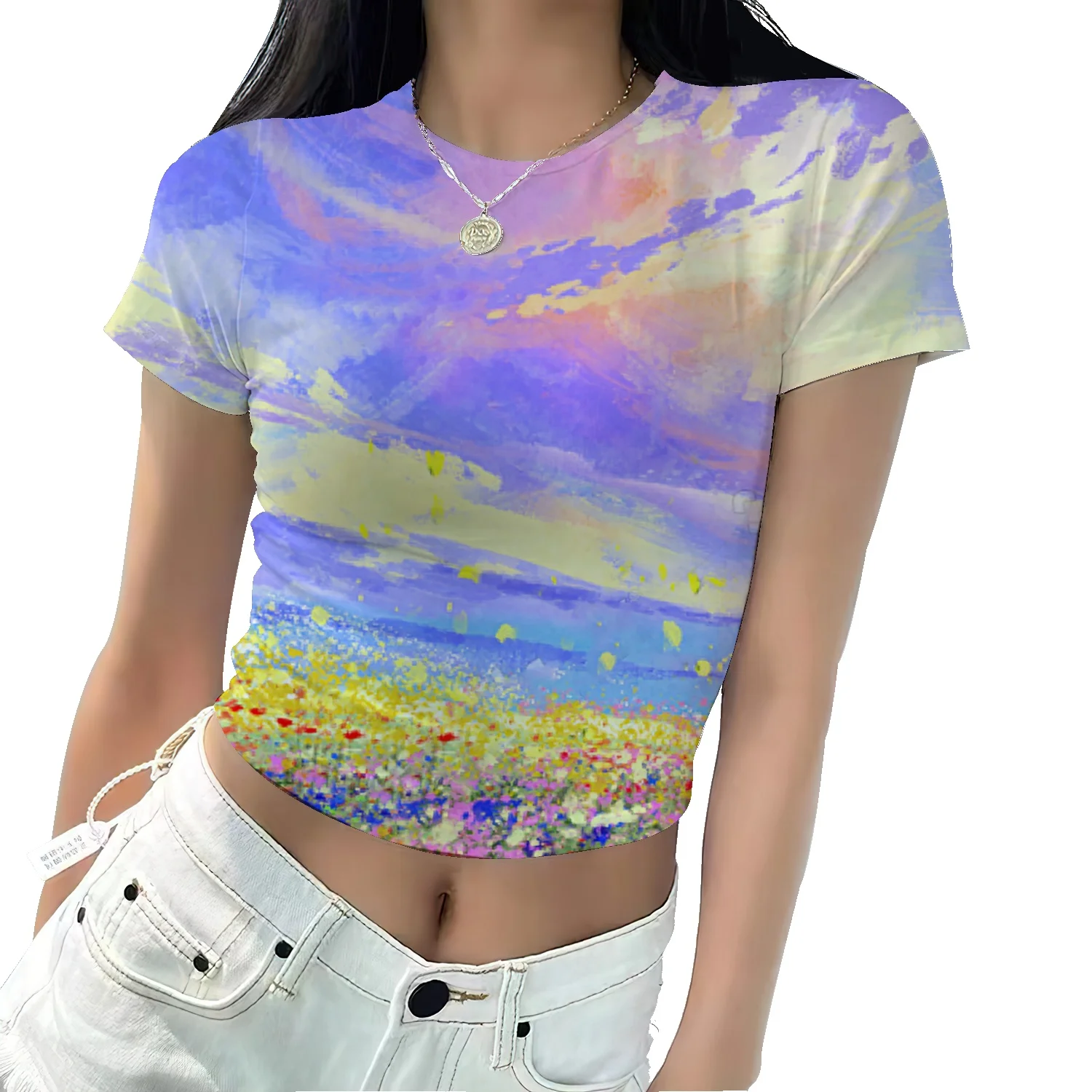Mulheres 3D Print T-Shirt Aquarela do arco-íris Mulheres T-Shirt de Verão dente-de-Leão Camisetas O-de Algodão com Decote Tops Plus Size Imagem 3