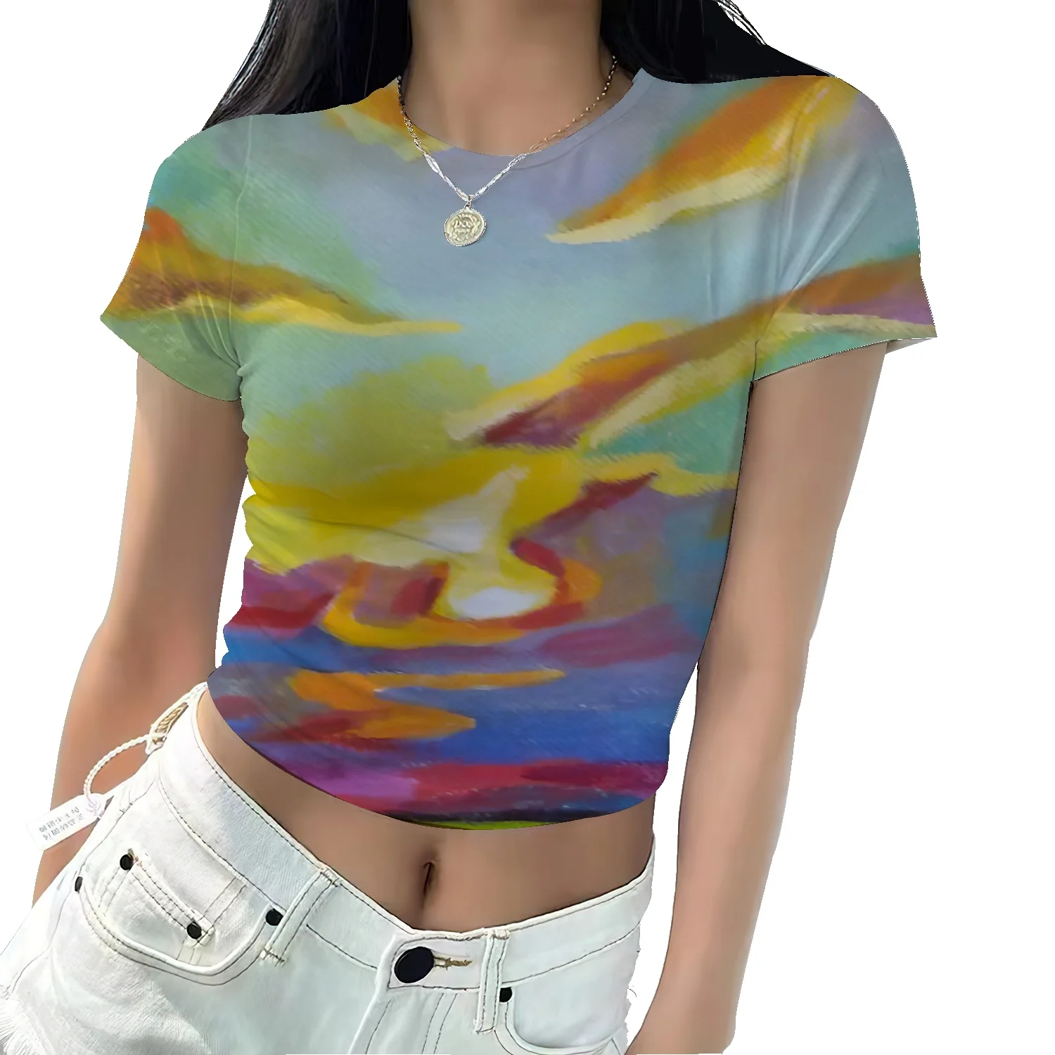 Mulheres 3D Print T-Shirt Aquarela do arco-íris Mulheres T-Shirt de Verão dente-de-Leão Camisetas O-de Algodão com Decote Tops Plus Size Imagem 5