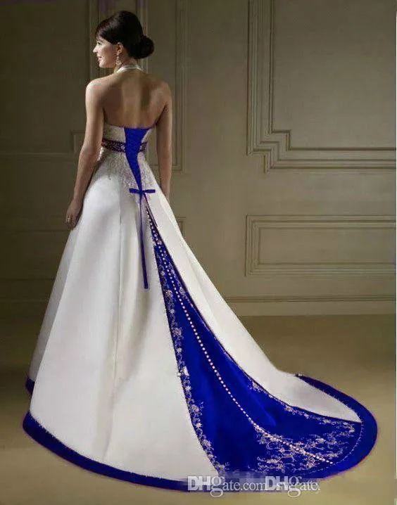 Gótico, a Azul E a Branca País Vestido de Noiva Halter Decote em V sem encosto Vestidos de Noiva Com Rendas Frisado 2018 robe de mariee boêmio Imagem 1