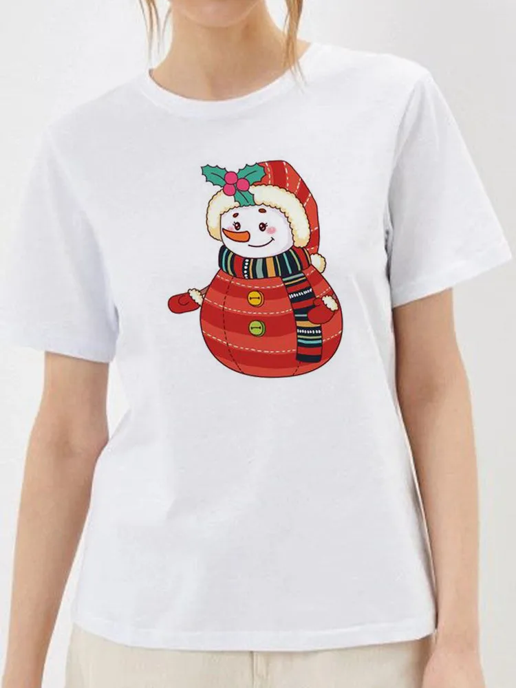Mulheres T-Shirts Kawaii Meninas O-Pescoço-Branco Doce De Natal Boneco De Neve Gráfico Verão Feminina Suave Impressão Camiseta De Manga Curta Tops Imagem 1