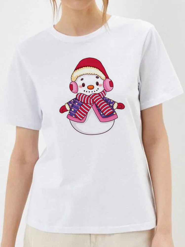Mulheres T-Shirts Kawaii Meninas O-Pescoço-Branco Doce De Natal Boneco De Neve Gráfico Verão Feminina Suave Impressão Camiseta De Manga Curta Tops Imagem 2