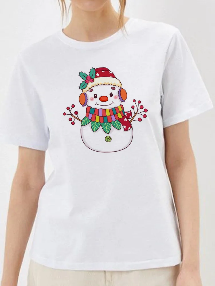 Mulheres T-Shirts Kawaii Meninas O-Pescoço-Branco Doce De Natal Boneco De Neve Gráfico Verão Feminina Suave Impressão Camiseta De Manga Curta Tops Imagem 3