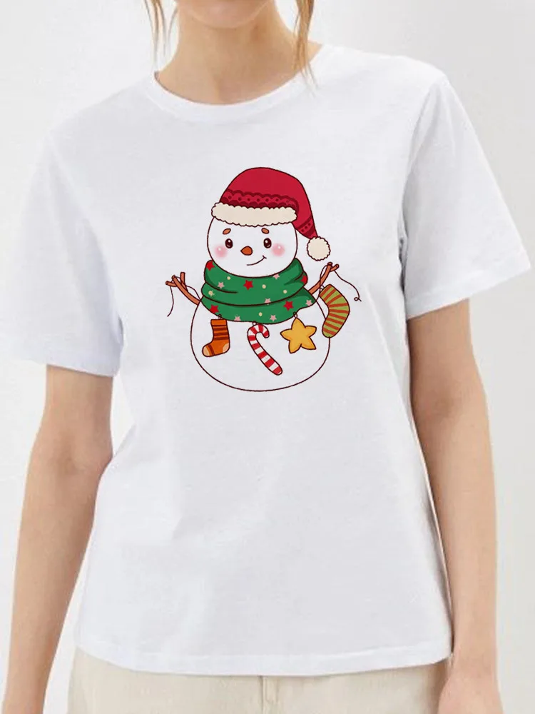 Mulheres T-Shirts Kawaii Meninas O-Pescoço-Branco Doce De Natal Boneco De Neve Gráfico Verão Feminina Suave Impressão Camiseta De Manga Curta Tops Imagem 4