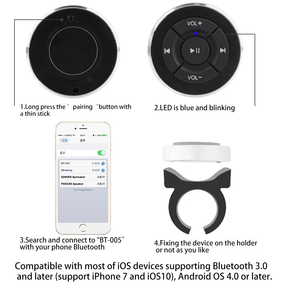 Para IOS, Android Telefone Tablet Motocicleta Bicicleta Bluetooth Media Botão de Volume Carro Volante sem Fio, Controles Remotos Imagem 3
