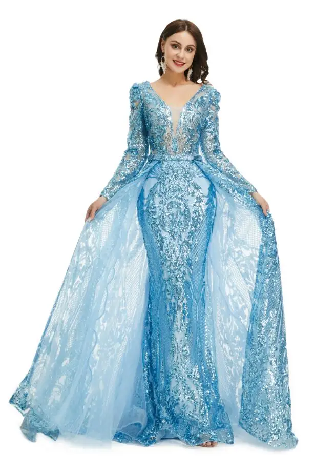 O gelo Azul Muçulmano Princesa Vestidos de Baile com Overskirt Gillter de Paetês com Adorno de Manga Longa Noite Ocasião, Vestido de vestidos Imagem 1