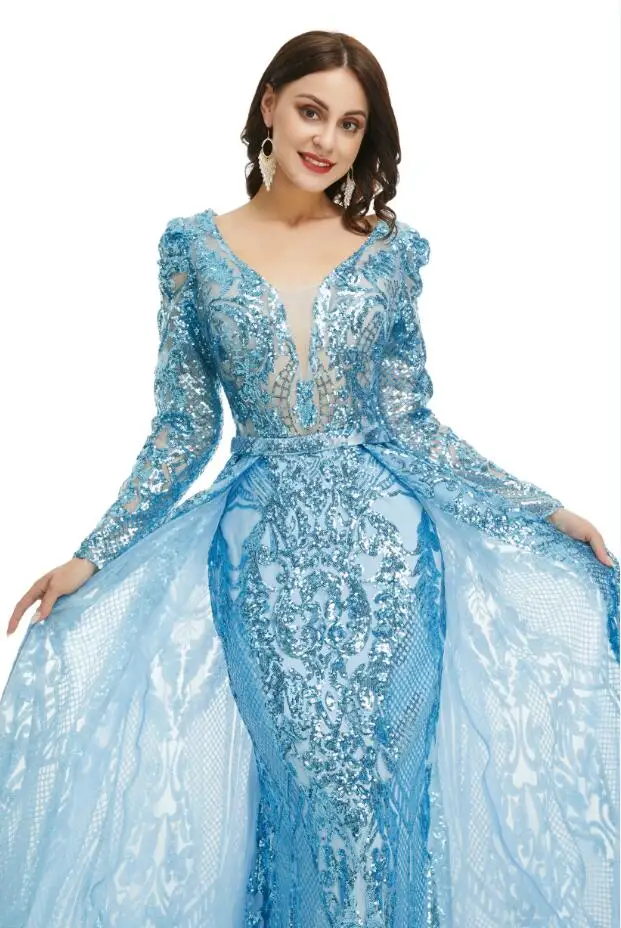 O gelo Azul Muçulmano Princesa Vestidos de Baile com Overskirt Gillter de Paetês com Adorno de Manga Longa Noite Ocasião, Vestido de vestidos Imagem 2