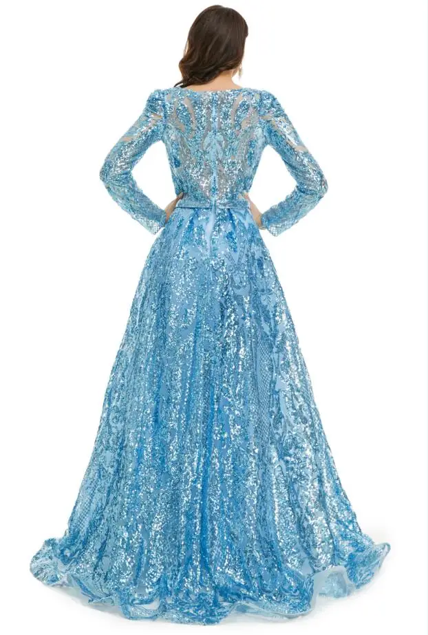 O gelo Azul Muçulmano Princesa Vestidos de Baile com Overskirt Gillter de Paetês com Adorno de Manga Longa Noite Ocasião, Vestido de vestidos Imagem 3