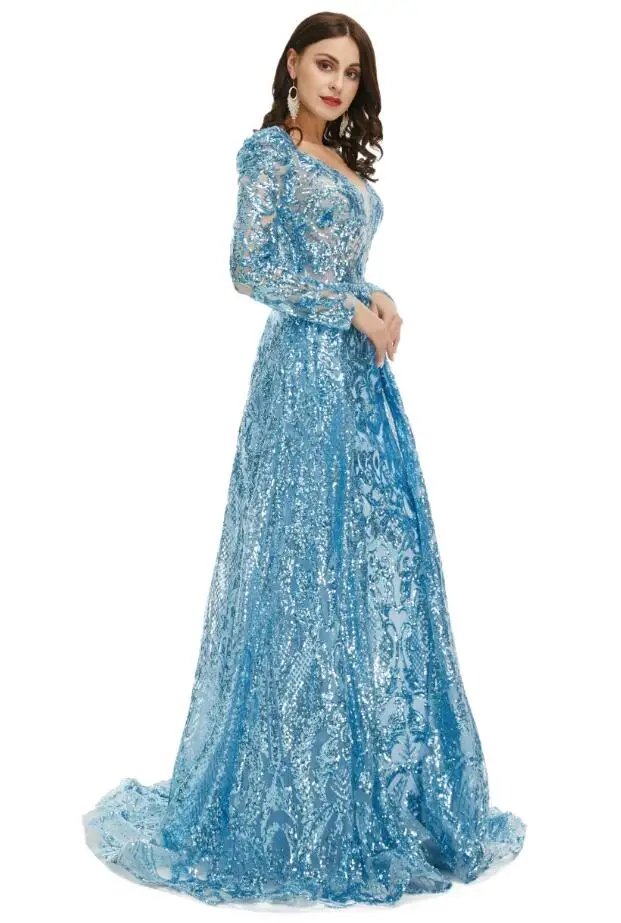 O gelo Azul Muçulmano Princesa Vestidos de Baile com Overskirt Gillter de Paetês com Adorno de Manga Longa Noite Ocasião, Vestido de vestidos Imagem 4
