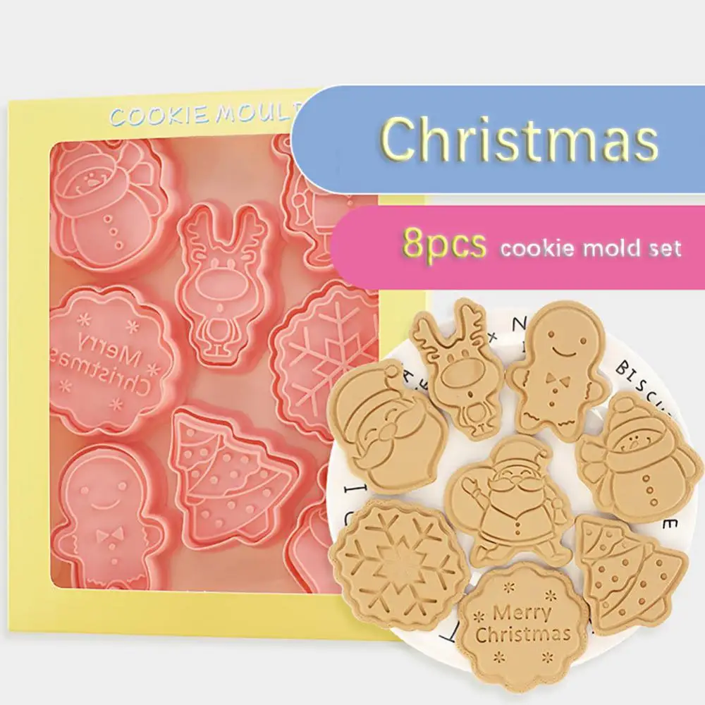 8Pcs 3D Cookie Cortadores de Biscoito Molde Santa, Boneco de neve, Árvore de Elk Cookie Molde Carimbo de Natal Festa de Ano Novo de Decoração de Ferramentas de Cozimento de Natal Imagem 1