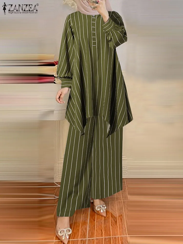 2PCS Muçulmano Dubai, Turquia Abaya Conjuntos de Calças ZANZEA Mulheres da Moda Urbana Treino Listrado Conjuntos de Correspondência Soltas de Vestuário Islâmico 2022 Imagem 2