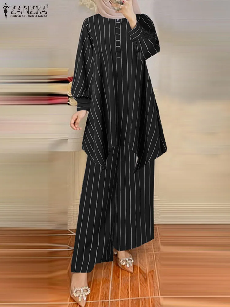 2PCS Muçulmano Dubai, Turquia Abaya Conjuntos de Calças ZANZEA Mulheres da Moda Urbana Treino Listrado Conjuntos de Correspondência Soltas de Vestuário Islâmico 2022 Imagem 3