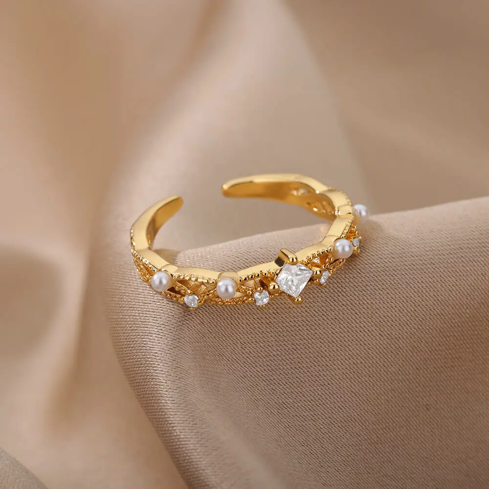 Luxo Zircão Anéis De Cristal Para As Mulheres Simulado Pérola Noivado Anel De Casamento De Punho Aberto O Partido Anel Jóia Do Vintage Presente Bague Imagem 1