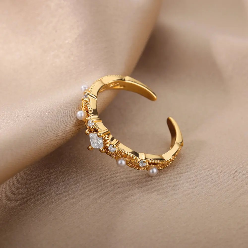 Luxo Zircão Anéis De Cristal Para As Mulheres Simulado Pérola Noivado Anel De Casamento De Punho Aberto O Partido Anel Jóia Do Vintage Presente Bague Imagem 2