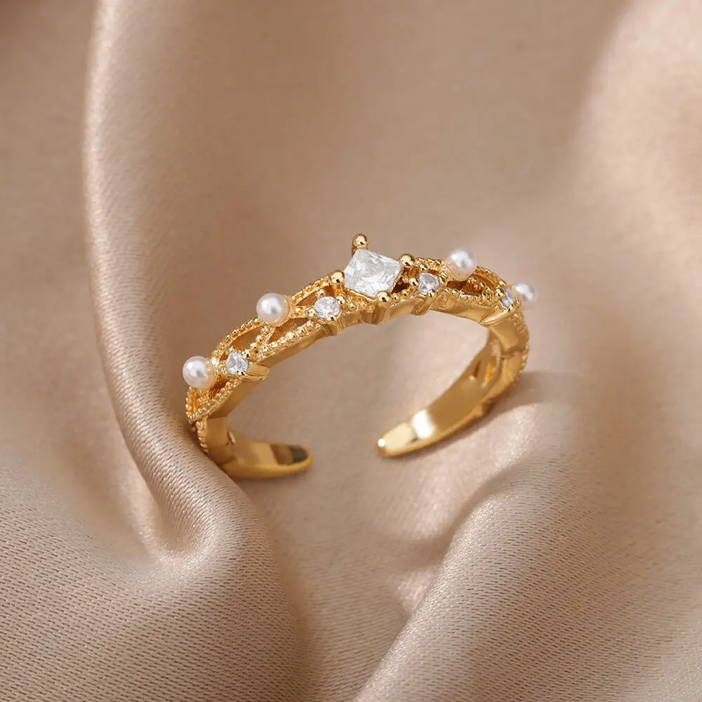 Luxo Zircão Anéis De Cristal Para As Mulheres Simulado Pérola Noivado Anel De Casamento De Punho Aberto O Partido Anel Jóia Do Vintage Presente Bague Imagem 3