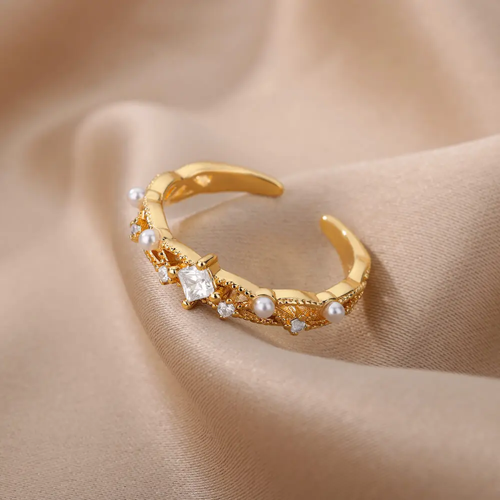 Luxo Zircão Anéis De Cristal Para As Mulheres Simulado Pérola Noivado Anel De Casamento De Punho Aberto O Partido Anel Jóia Do Vintage Presente Bague Imagem 4