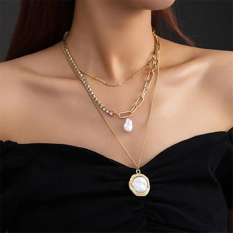 novo clássico de cristal cadeia gargantilhas colar para mulheres redonda de metal prateado de multi camadas correntes colares de jóias de moda presentes Imagem 2