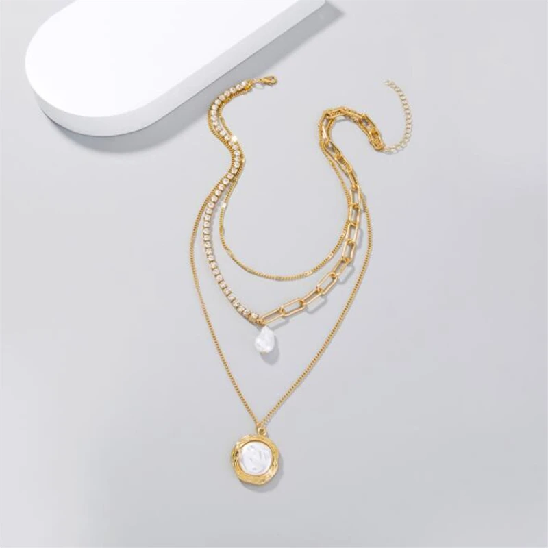 novo clássico de cristal cadeia gargantilhas colar para mulheres redonda de metal prateado de multi camadas correntes colares de jóias de moda presentes Imagem 3