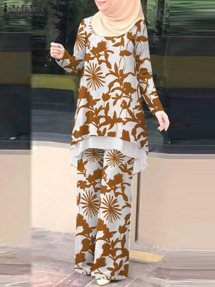 2022 ZANZEA Florais, Patchwork Roupas 2PCS de duas camadas Bainha Blusa Ampla Perna de Calça turco Abaya Adequar a Moda Elegante Muçulmano Conjuntos Imagem 1