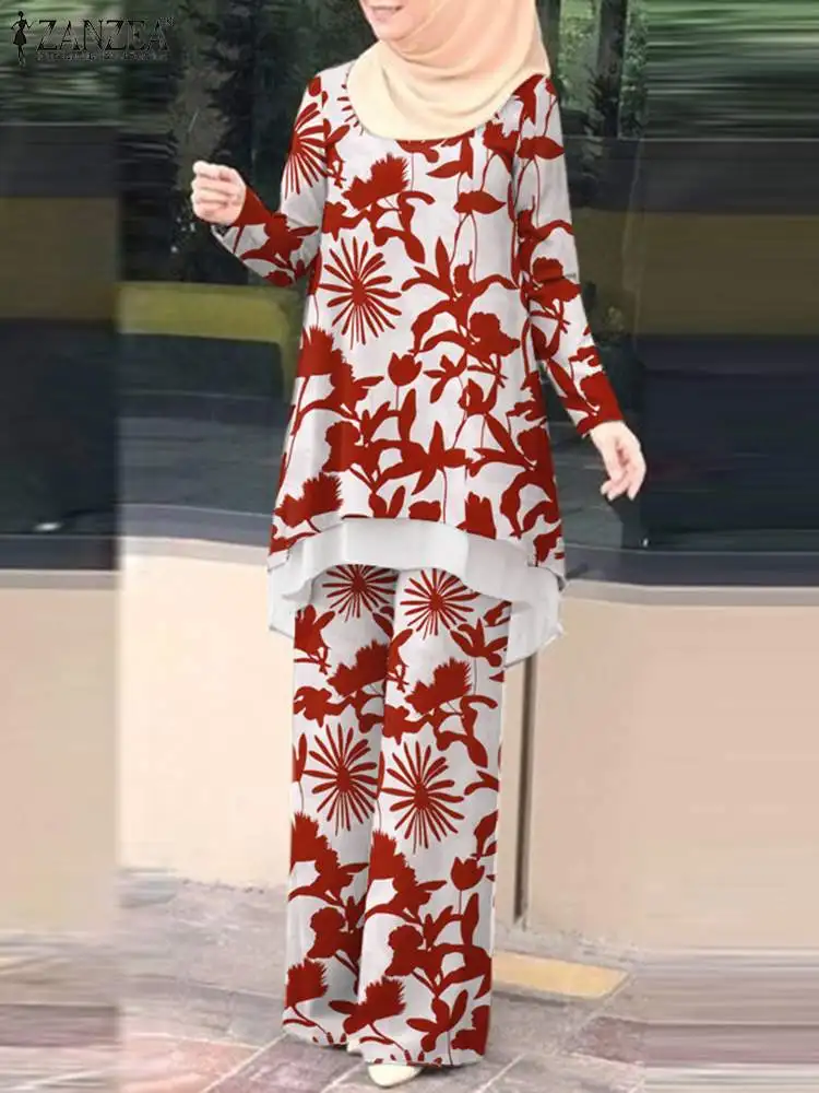 2022 ZANZEA Florais, Patchwork Roupas 2PCS de duas camadas Bainha Blusa Ampla Perna de Calça turco Abaya Adequar a Moda Elegante Muçulmano Conjuntos Imagem 2