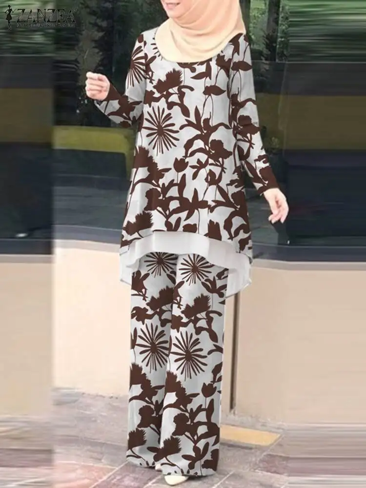 2022 ZANZEA Florais, Patchwork Roupas 2PCS de duas camadas Bainha Blusa Ampla Perna de Calça turco Abaya Adequar a Moda Elegante Muçulmano Conjuntos Imagem 3
