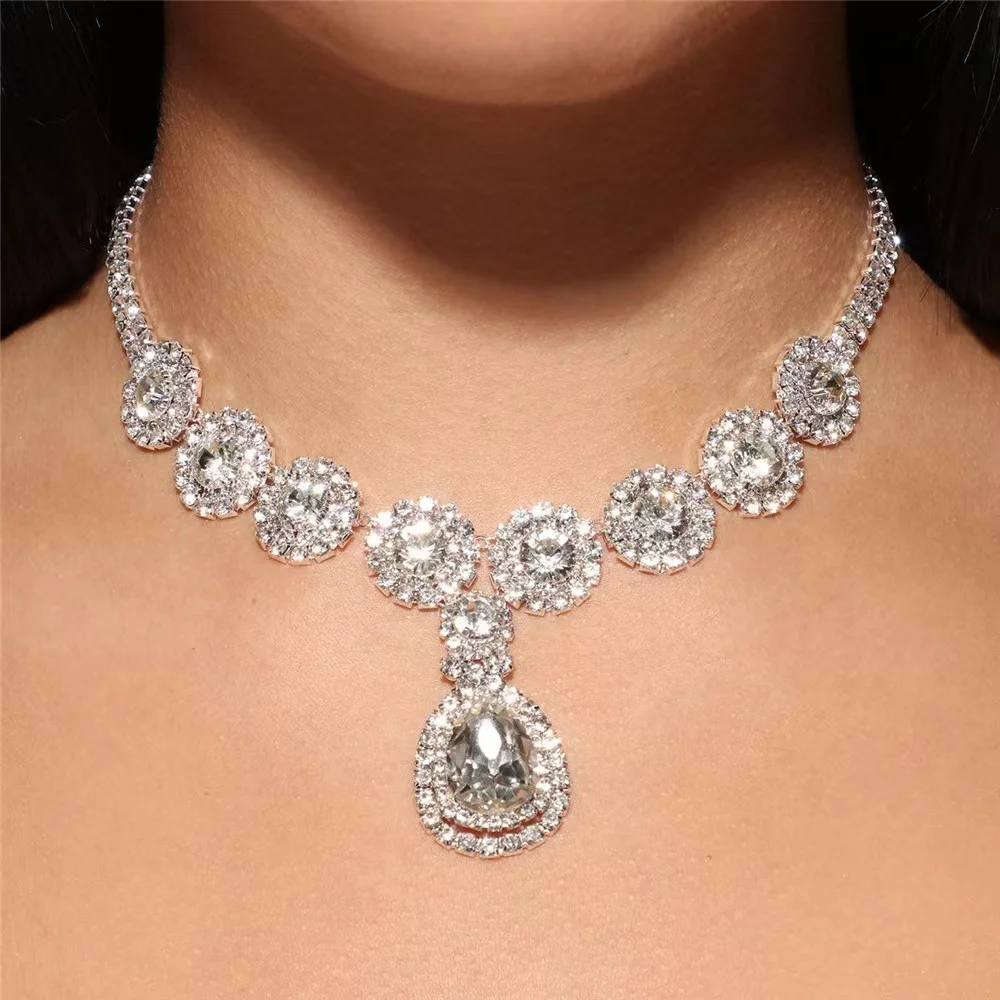Moda de alta qualidade multi-linha Strass pingente gota de água no pescoço suporte colar colar de jóias para as meninas de cristal de luxo neckl Imagem 1