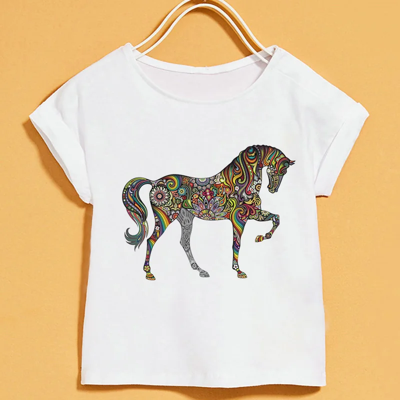 2019 Verão de Novo camisa de T de Crianças Cor de Desenho de Animal Print T-shirts da Menina Elegante Branca de mangas Curtas Superior T-shirt Meninos Gola Redonda Imagem 1