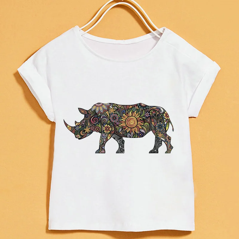 2019 Verão de Novo camisa de T de Crianças Cor de Desenho de Animal Print T-shirts da Menina Elegante Branca de mangas Curtas Superior T-shirt Meninos Gola Redonda Imagem 3