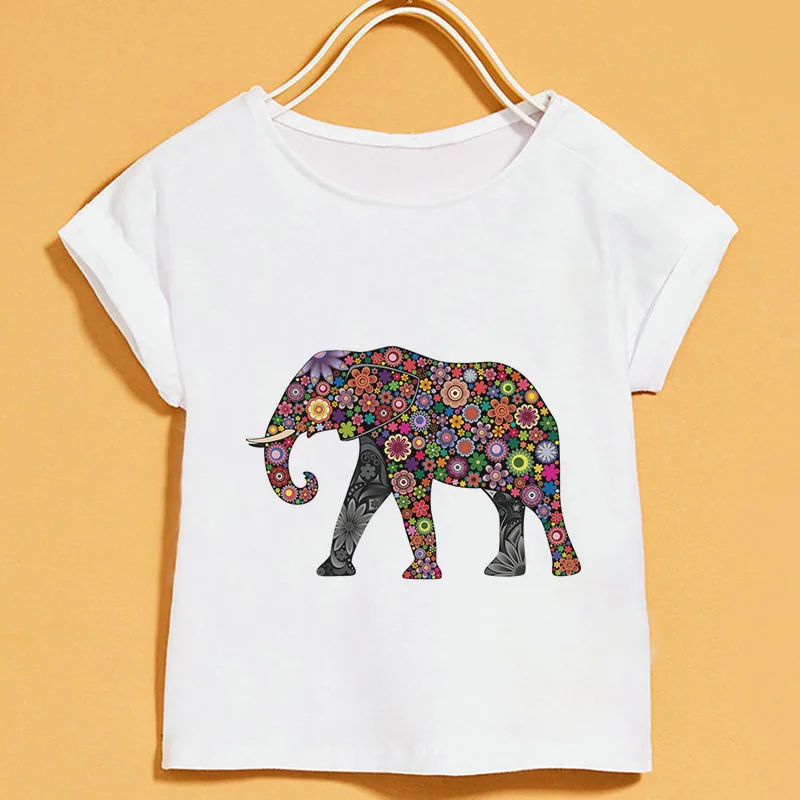 2019 Verão de Novo camisa de T de Crianças Cor de Desenho de Animal Print T-shirts da Menina Elegante Branca de mangas Curtas Superior T-shirt Meninos Gola Redonda Imagem 5
