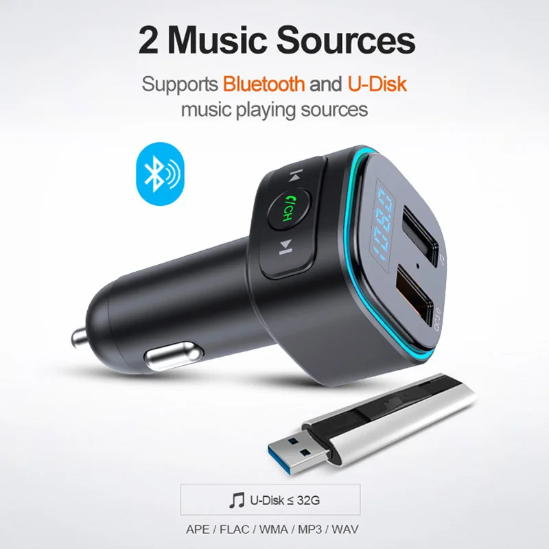 JaJaBor Transmissor FM Bluetooth 5.0 Car Kit mãos-livres Músicas Mp3 Player com USB Duplo QC3.0 Carga Rápida Suporte Do Disco De U Reprodução Imagem 3