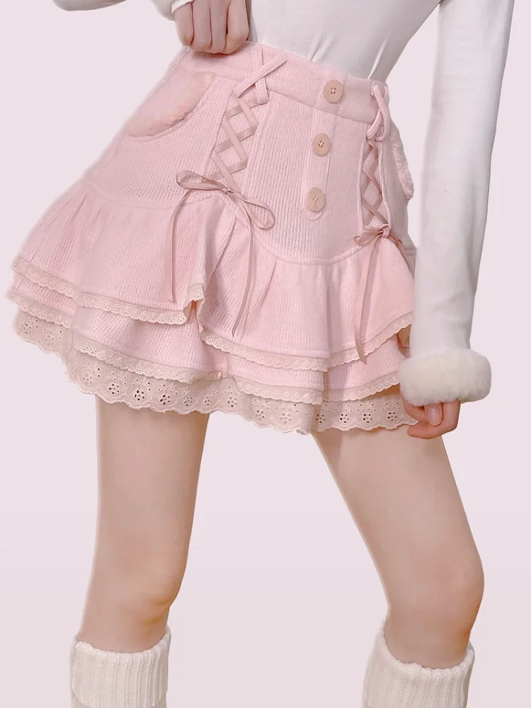 Japonesas Kawaii Lolita Saia Mini Do Inverno Das Mulheres Do Laço Casual, Elegante, Doce, Feminina Saia De Cintura Alta Bandage Coreano Saia 2022 Novo Imagem 2