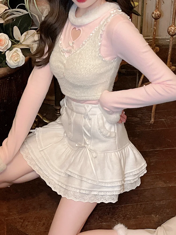 Japonesas Kawaii Lolita Saia Mini Do Inverno Das Mulheres Do Laço Casual, Elegante, Doce, Feminina Saia De Cintura Alta Bandage Coreano Saia 2022 Novo Imagem 3