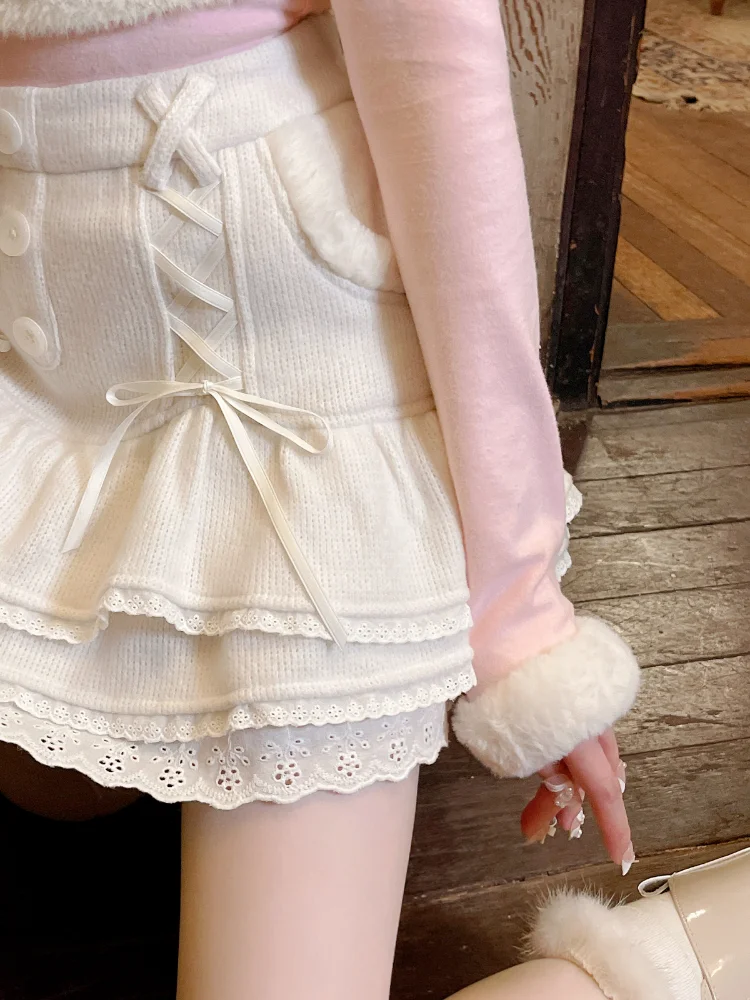 Japonesas Kawaii Lolita Saia Mini Do Inverno Das Mulheres Do Laço Casual, Elegante, Doce, Feminina Saia De Cintura Alta Bandage Coreano Saia 2022 Novo Imagem 4