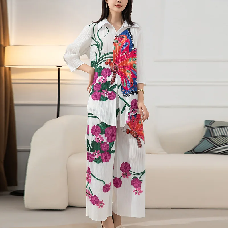 Mulheres impresso blusa para a Queda De 2022 Miyak dobra de Moda folgado plus-size longa top + de cintura alta em linha reta calças Imagem 1
