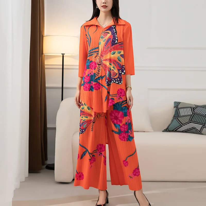 Mulheres impresso blusa para a Queda De 2022 Miyak dobra de Moda folgado plus-size longa top + de cintura alta em linha reta calças Imagem 2