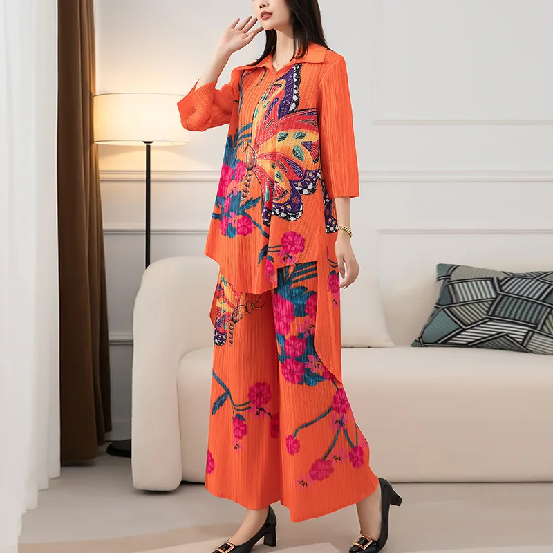 Mulheres impresso blusa para a Queda De 2022 Miyak dobra de Moda folgado plus-size longa top + de cintura alta em linha reta calças Imagem 3