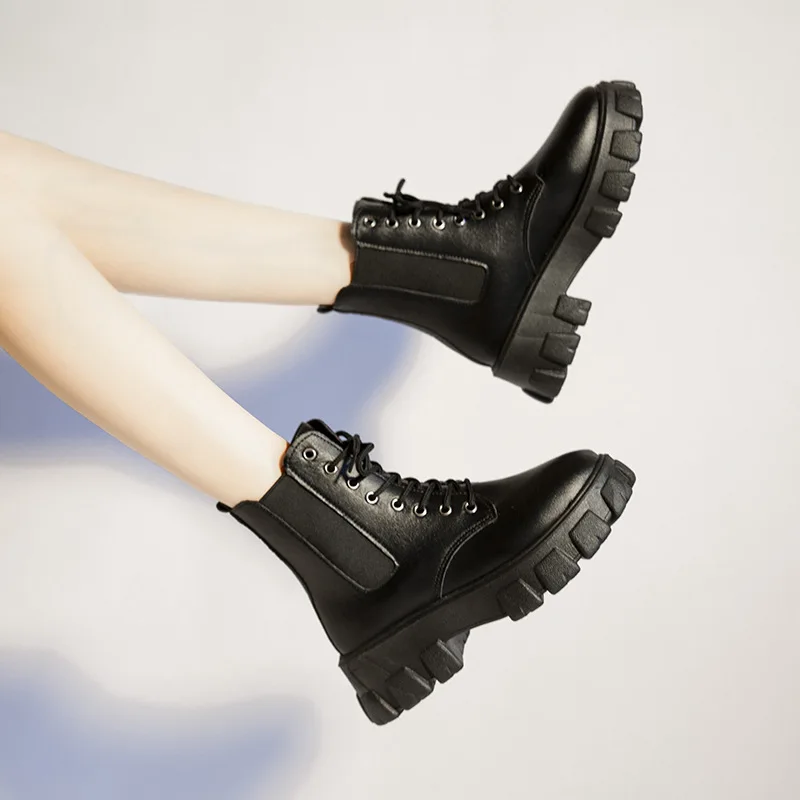 Pop Black Combate Plataforma Ankle Boots Para As Mulheres Laço Fivela De Cinta Mulher Engrossar Botas De Inverno Botas De Motociclista Botas De LadyNice Imagem 4