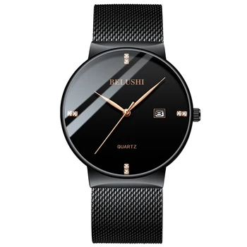 BELUSHI Homens de Negócios, Relógio de alto Luxo da Marca Impermeável Malha Correia Utral-fino Masculino relógio de Pulso da Moda de pedra de Strass Função de Data 1
