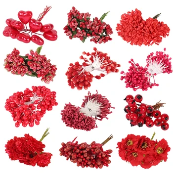 1 Pacote de Plástico de Flores Artificiais Para Casa acolhedora Decoração Série Vermelha Flor Estame Festa de Casamento de DIY Adorment Ano Novo 1