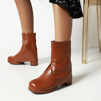 FXYCMMCQ 2021 Inverno Mulheres Ankle Boots Monocromático de Inverno de Camurça Chunky Salto-8839 1