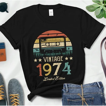 Vintage 1974 Edição Limitada Retro Cassete Mulheres T-Shirt 49 49 Anos, a Festa de Aniversário de Namorada de Presente de T-shirt Preto Femme 2