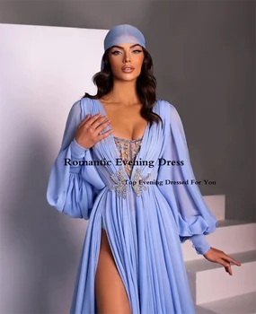 Romântico Roxo Chiffon Vestido De Noite Arábia Puff Manga, Decote Em V Com Cordão Lado De Alta Lodo Longos Vestidos De Baile Dubai Formal Femme Vestido 2
